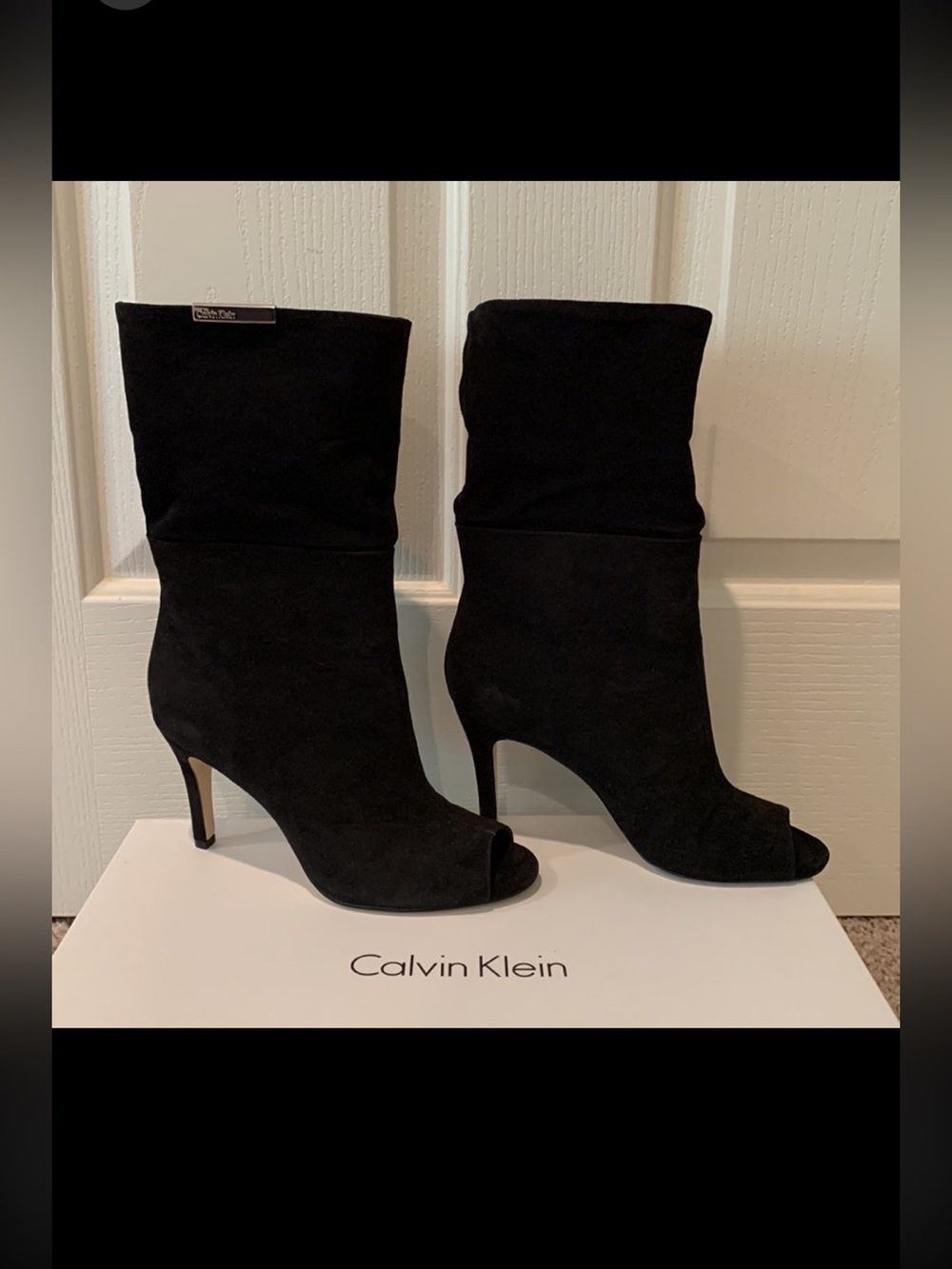 Calvin Klein Kaiya K Black Suede / Crackled Met Heel Boots size 7.5